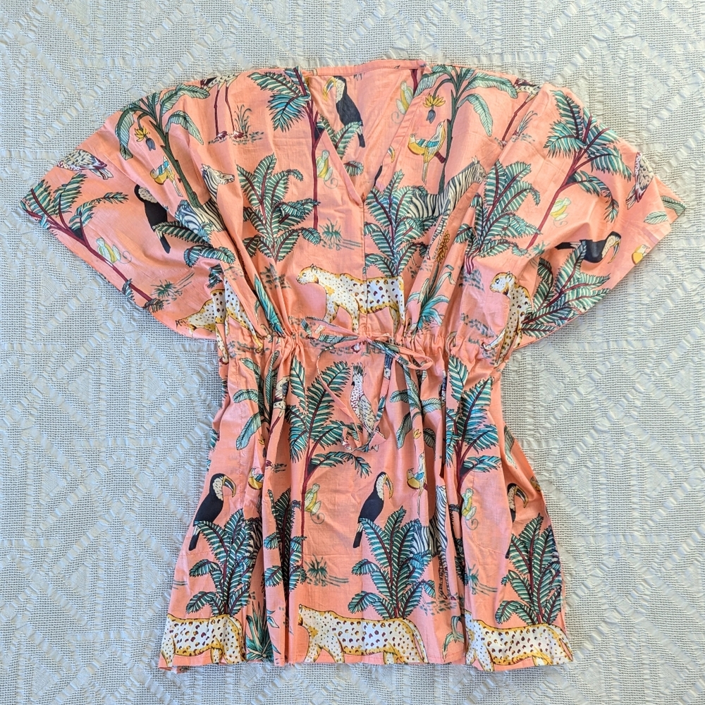 Pink Jungle Print Kaftan/Cover-up - Handmade in India - Like New
